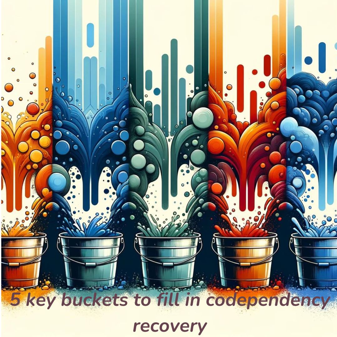 Five colorful buckets filled to various levels against an abstract background, symbolizing the journey of codependency recovery and the fulfillment of personal needs.