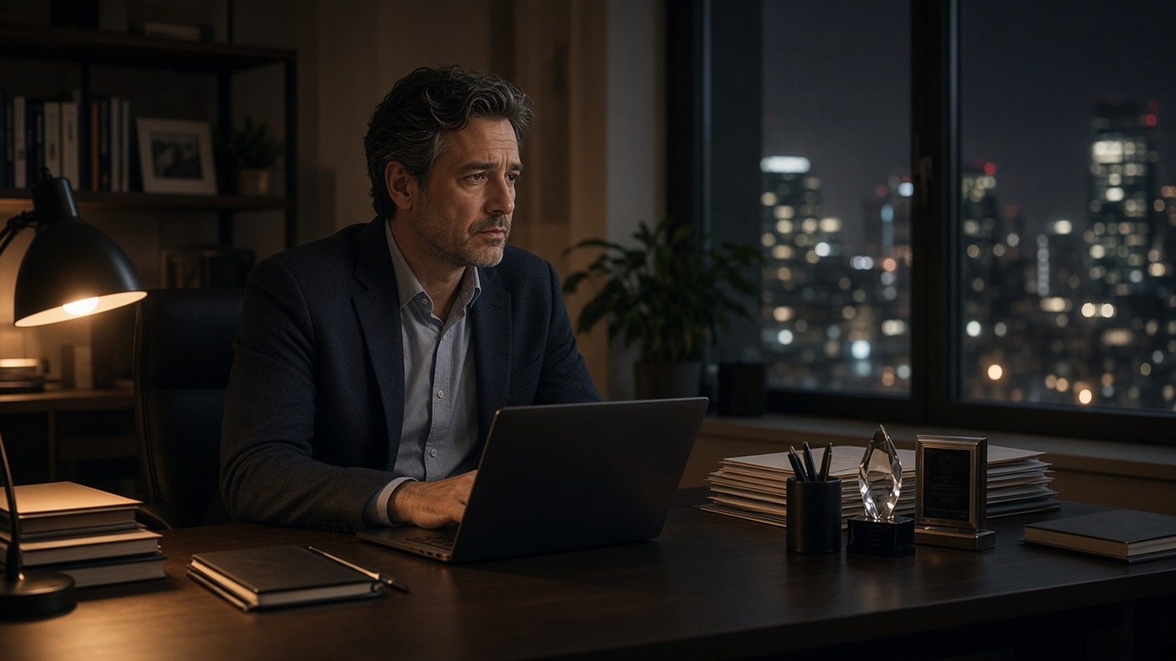 Man in a night office beside awards looks drained, capturing success that no longer feels like enough.