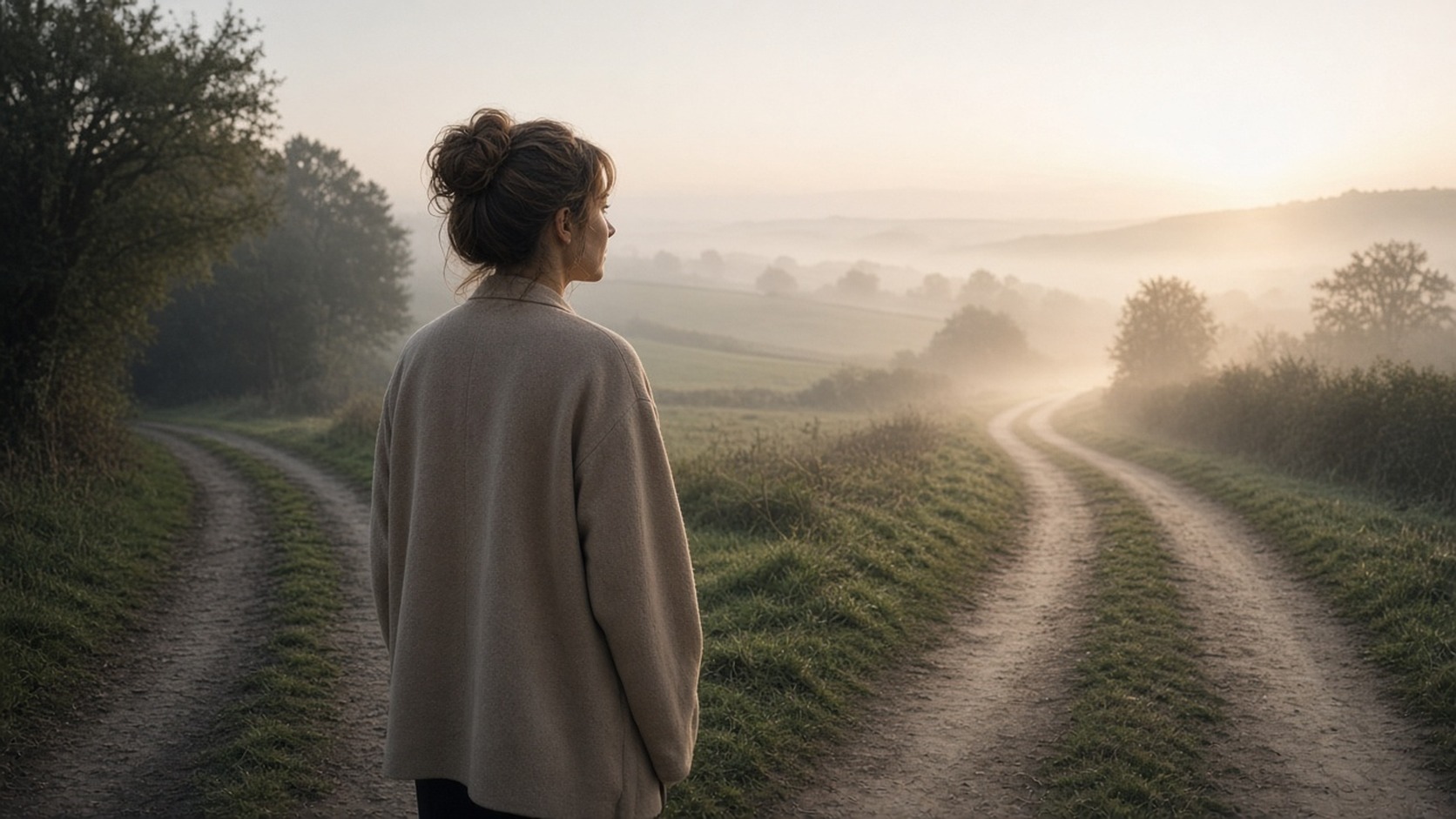Woman at a foggy countryside fork in the road, pausing over which path feels like her own.