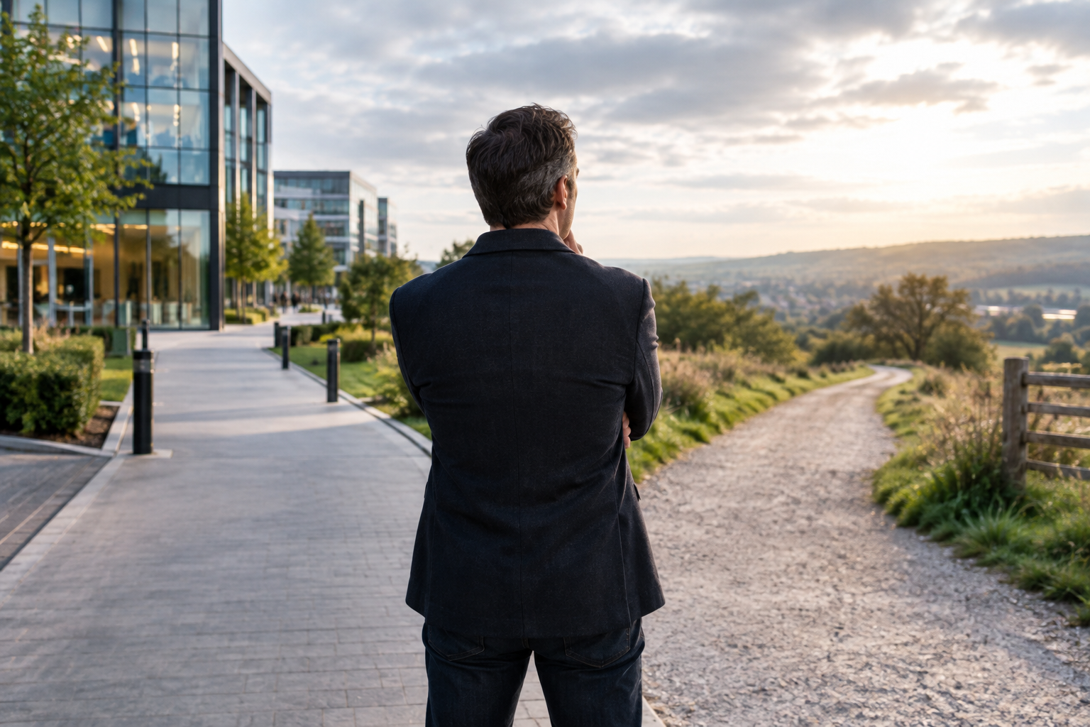 Professional standing at a career crossroads, reflecting on whether it is time to change direction.