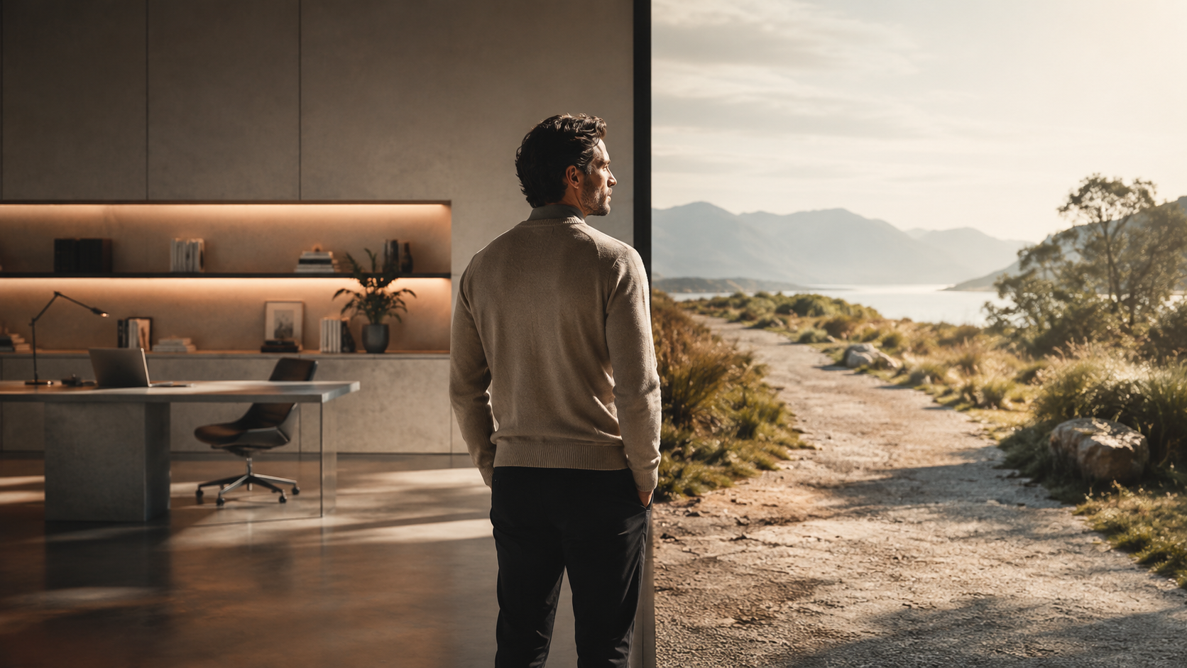 A reflective person standing between a modern workspace and an open outdoor path, symbolising feeling stuck despite outward success.