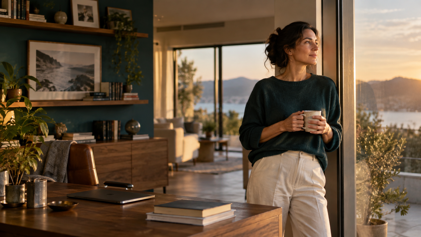 A reflective woman standing in a successful home workspace and looking towards the light outside.