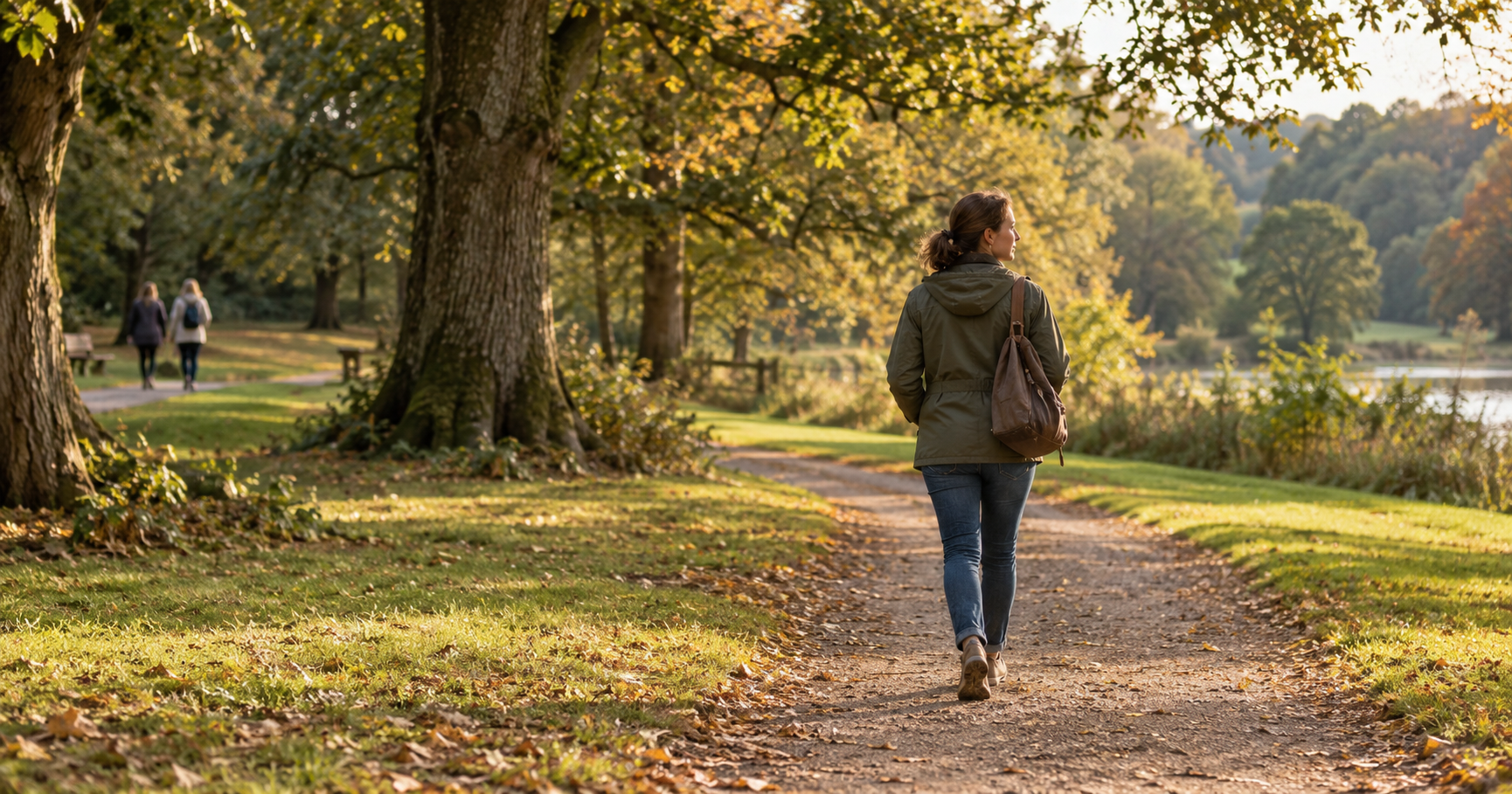 A woman walking alone along a sunlit park path, with two friends on a separate path in the distance.